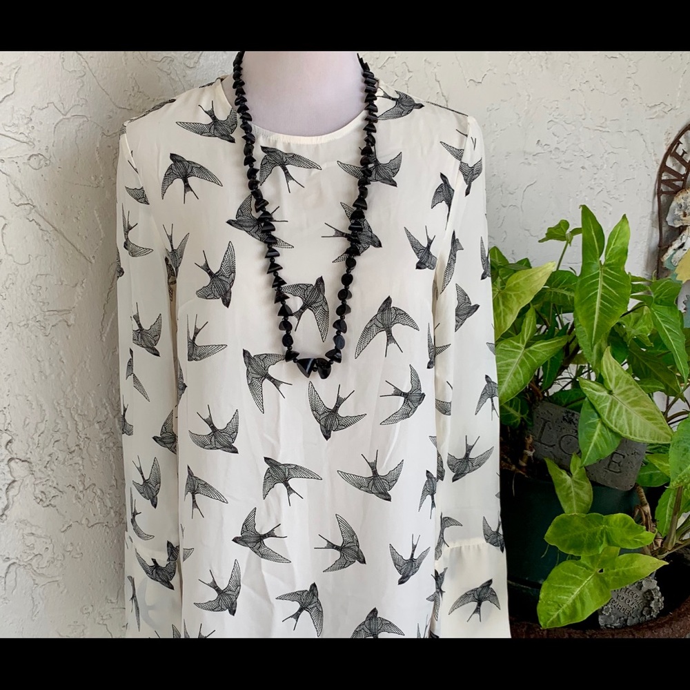 H&M Black Swallows on Cream High Low Tunic Blouse